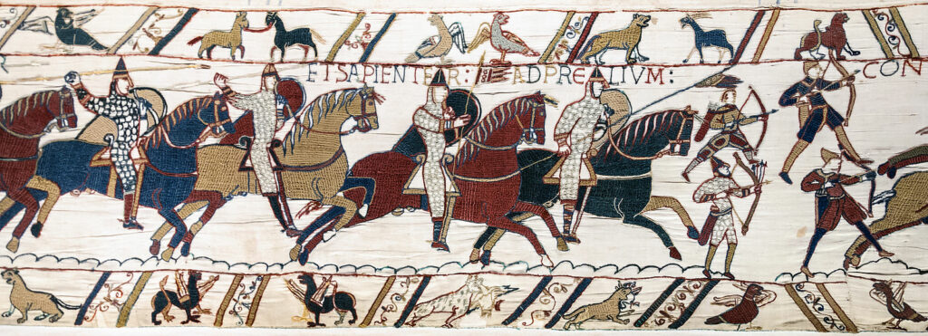 Bayeux Tapestry - Scene 51 (extract)- The Battle of Hastings: Norman knights and archers. 1070s - Photograph: 2013-03-07